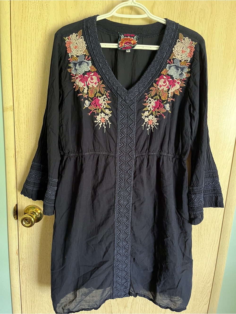 Johnny Was Embroidered Floral Navy Blue Mini Dress Sz XL